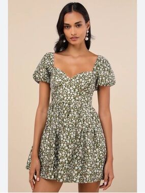 Lulu's Confident Sweetheart Olive Floral Jacquard Tiered Mini Dress large